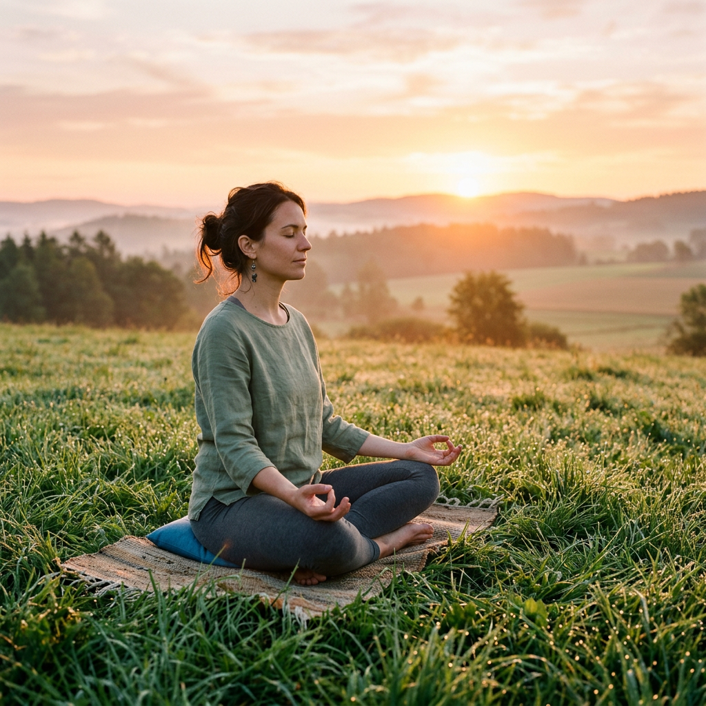 Woman sitting cross-legged on a mat in a grassy field meditating at sunrise